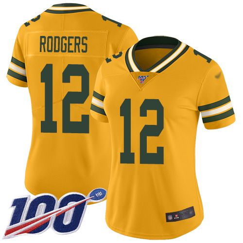 Nike Green Bay Packers #12 Aaron Rodgers Gold Women’s Stitched NFL Limited Inverted Legend 100th Season Jersey