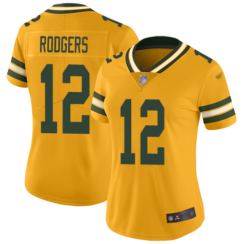 Nike Green Bay Packers #12 Aaron Rodgers Gold Women’s Stitched NFL Limited Inverted Legend Jersey