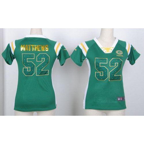 Nike Green Bay Packers #52 Clay Matthews Green Women’s Stitched NFL Elite Draft Him Shimmer Jersey