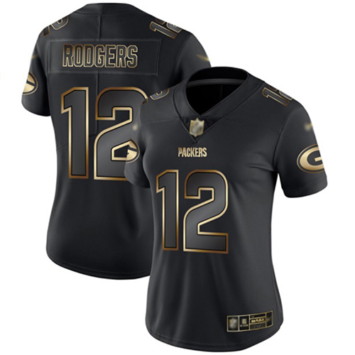 Nike Green Bay Packers #12 Aaron Rodgers Black/Gold Women’s Stitched NFL Vapor Untouchable Limited Jersey