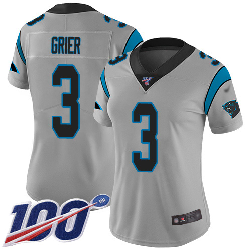 Nike Carolina Panthers #3 Will Grier Silver Women’s Stitched NFL Limited Inverted Legend 100th Season Jersey