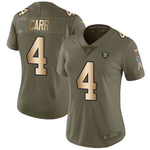 Nike Las Vegas Raiders #4 Derek Carr Olive/Gold Women’s Stitched NFL Limited 2017 Salute to Service Jersey