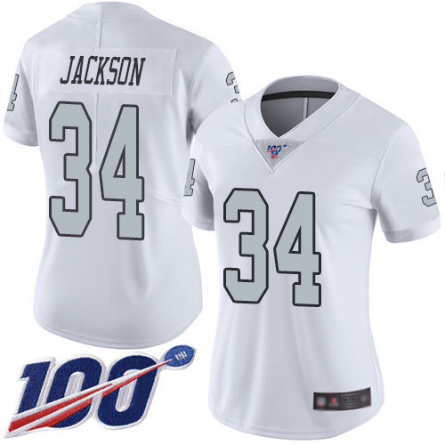 Nike Las Vegas Raiders #34 Bo Jackson White Women’s Stitched NFL Limited Rush 100th Season Jersey