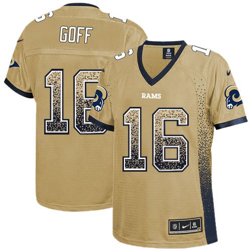 Nike Los Angeles Rams #16 Jared Goff Gold Women’s Stitched NFL Elite Drift Fashion Jersey