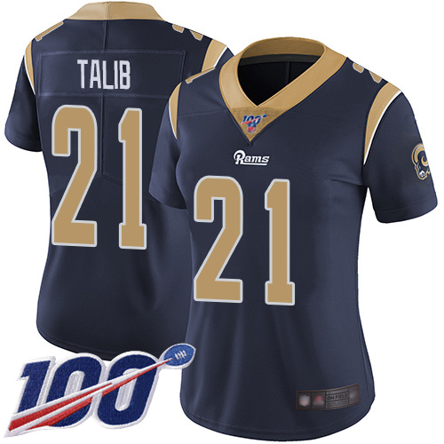 Nike Los Angeles Rams #21 Aqib Talib Navy Blue Team Color Women’s Stitched NFL 100th Season Vapor Limited Jersey