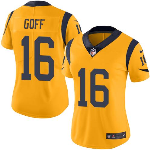 Nike Los Angeles Rams #16 Jared Goff Gold Women’s Stitched NFL Limited Rush Jersey