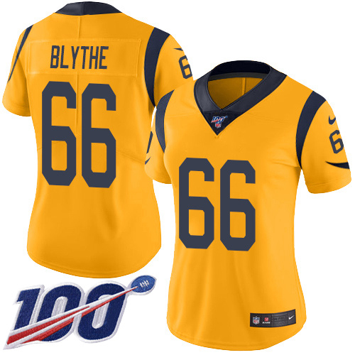Nike Los Angeles Rams #66 Austin Blythe Gold Women’s Stitched NFL Limited Rush 100th Season Jersey