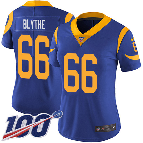 Nike Los Angeles Rams #66 Austin Blythe Royal Blue Alternate Women’s Stitched NFL 100th Season Vapor Untouchable Limited Jersey