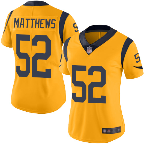 Nike Los Angeles Rams #52 Clay Matthews Gold Women’s Stitched NFL Limited Rush Jersey