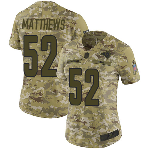 Nike Los Angeles Rams #52 Clay Matthews Camo Women’s Stitched NFL Limited 2018 Salute to Service Jersey