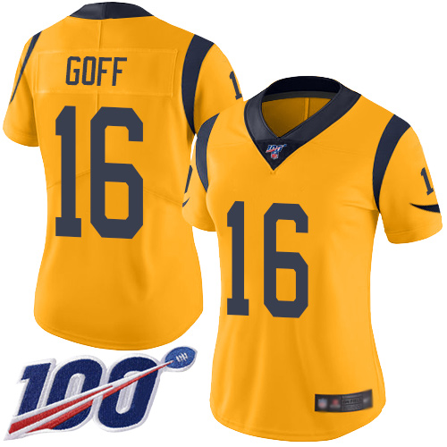 Nike Los Angeles Rams #16 Jared Goff Gold Women’s Stitched NFL Limited Rush 100th Season Jersey