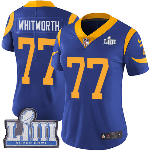 Nike Los Angeles Rams #77 Andrew Whitworth Royal Blue Alternate Super Bowl LIII Bound Women’s Stitched NFL Vapor Untouchable Limited Jersey