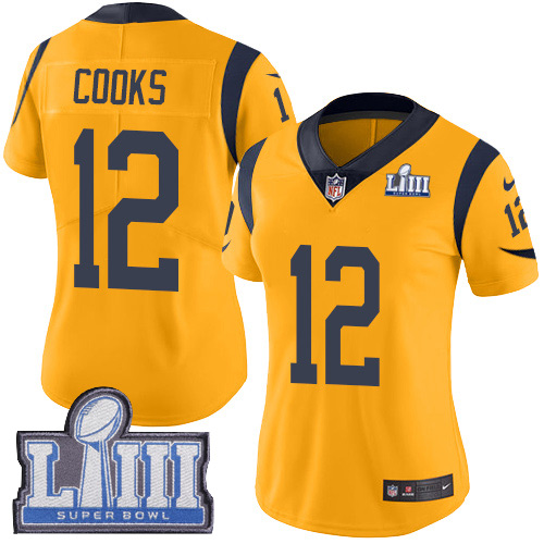 Nike Los Angeles Rams #12 Brandin Cooks Gold Super Bowl LIII Bound Women’s Stitched NFL Limited Rush Jersey