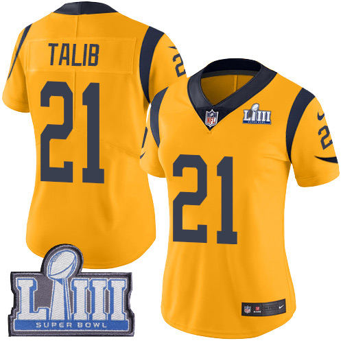 Nike Los Angeles Rams #21 Aqib Talib Gold Super Bowl LIII Bound Women’s Stitched NFL Limited Rush Jersey