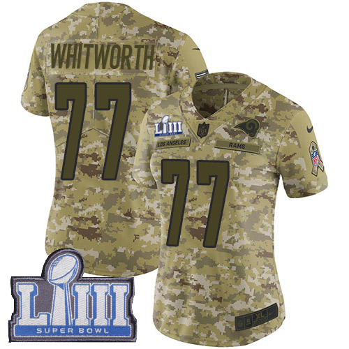 Nike Los Angeles Rams #77 Andrew Whitworth Camo Super Bowl LIII Bound Women’s Stitched NFL Limited 2018 Salute to Service Jersey