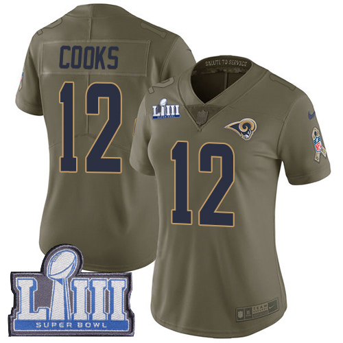Nike Los Angeles Rams #12 Brandin Cooks Olive Super Bowl LIII Bound Women’s Stitched NFL Limited 2017 Salute to Service Jersey