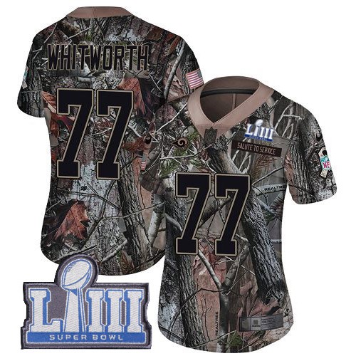 Nike Los Angeles Rams #77 Andrew Whitworth Camo Super Bowl LIII Bound Women’s Stitched NFL Limited Rush Realtree Jersey