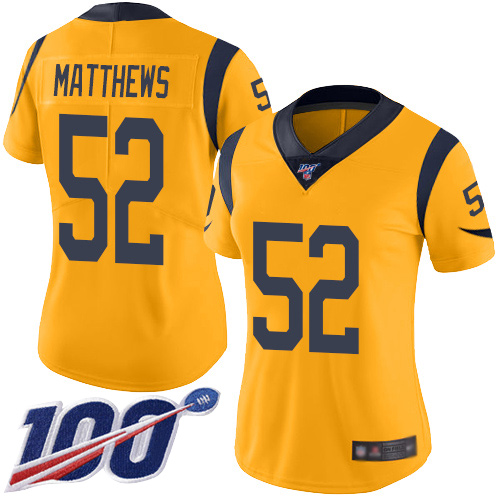 Nike Los Angeles Rams #52 Clay Matthews Gold Women’s Stitched NFL Limited Rush 100th Season Jersey