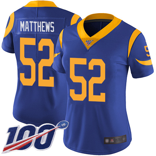 Nike Los Angeles Rams #52 Clay Matthews Royal Blue Alternate Women’s Stitched NFL 100th Season Vapor Limited Jersey