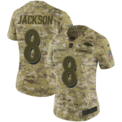 Nike Baltimore Ravens #8 Lamar Jackson Camo Women’s Stitched NFL Limited 2018 Salute to Service Jersey