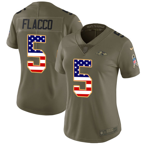 Nike Baltimore Ravens #5 Joe Flacco Olive/USA Flag Women’s Stitched NFL Limited 2017 Salute to Service Jersey