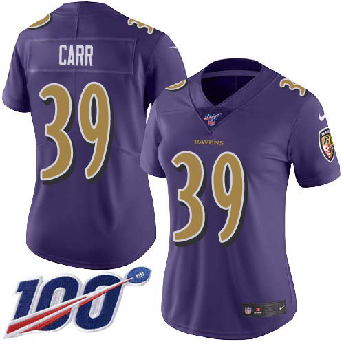 Nike Baltimore Ravens #39 Brandon Carr Purple Women’s Stitched NFL Limited Rush 100th Season Jersey