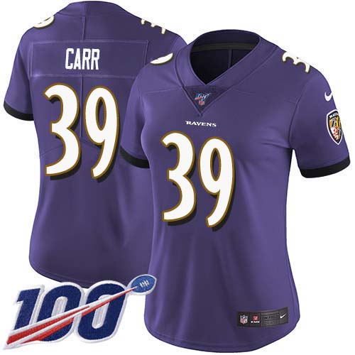 Nike Baltimore Ravens #39 Brandon Carr Purple Team Color Women’s Stitched NFL 100th Season Vapor Untouchable Limited Jersey