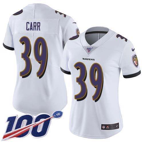 Nike Baltimore Ravens #39 Brandon Carr White Women’s Stitched NFL 100th Season Vapor Untouchable Limited Jersey