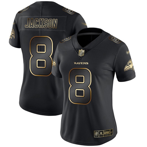 Nike Baltimore Ravens #8 Lamar Jackson Black/Gold Women’s Stitched NFL Vapor Untouchable Limited Jersey