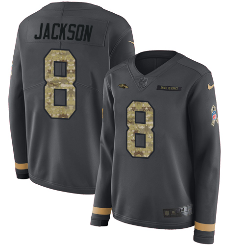 Nike Baltimore Ravens #8 Lamar Jackson Anthracite Salute to Service Women’s Stitched NFL Limited Therma Long Sleeve Jersey