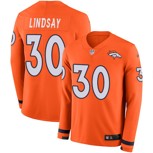 Nike Denver Broncos #30 Phillip Lindsay Orange Team Color Youth Stitched NFL Limited Therma Long Sleeve Jersey