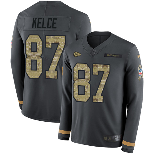 Nike Kansas City Chiefs #87 Travis Kelce Anthracite Salute to Service Youth Stitched NFL Limited Therma Long Sleeve Jersey