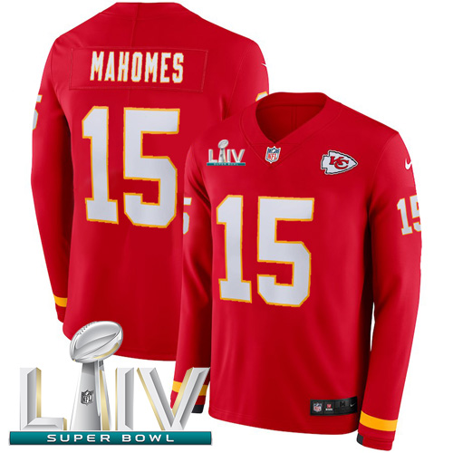 Nike Kansas City Chiefs #15 Patrick Mahomes Red Super Bowl LIV 2020 Team Color Youth Stitched NFL Limited Therma Long Sleeve Jersey