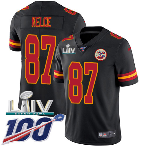 Nike Kansas City Chiefs #87 Travis Kelce Black Super Bowl LIV 2020 Youth Stitched NFL Limited Rush 100th Season Jersey