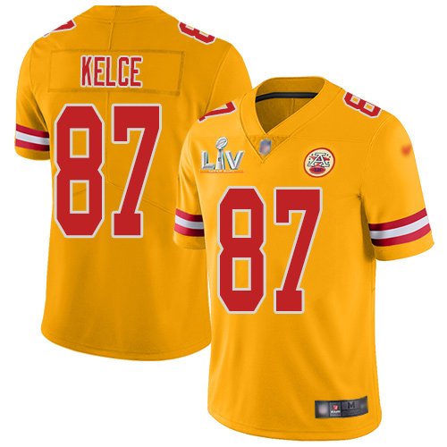 Nike Kansas City Chiefs #87 Travis Kelce Gold Youth Super Bowl LV Bound Stitched NFL Limited Inverted Legend Jersey