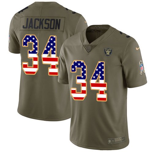 Nike Las Vegas Raiders #34 Bo Jackson Olive/USA Flag Youth Stitched NFL Limited 2017 Salute to Service Jersey