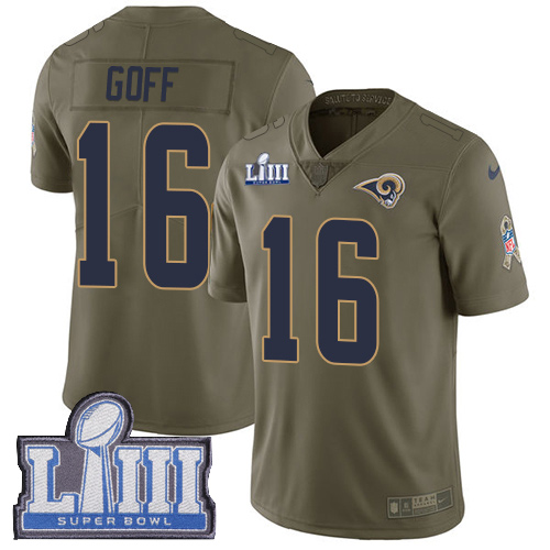 Nike Los Angeles Rams #16 Jared Goff Olive Super Bowl LIII Bound Youth Stitched NFL Limited 2017 Salute to Service Jersey
