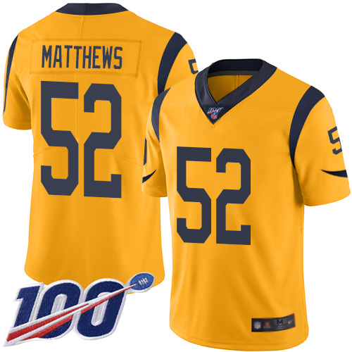 Nike Los Angeles Rams #52 Clay Matthews Gold Youth Stitched NFL Limited Rush 100th Season Jersey