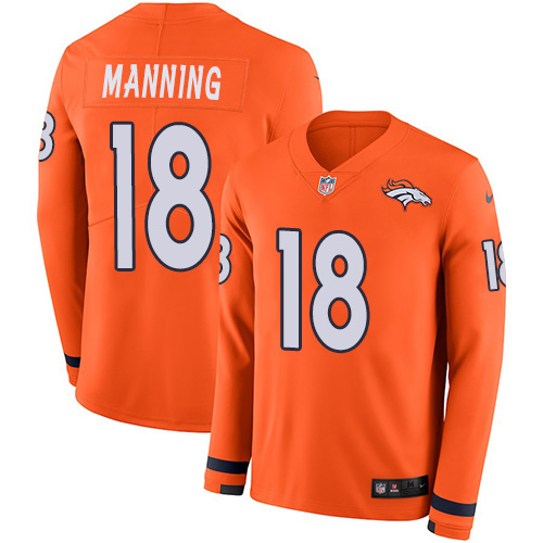 Nike Denver Broncos #18 Peyton Manning Orange Team Color Men’s Stitched NFL Limited Therma Long Sleeve Jersey