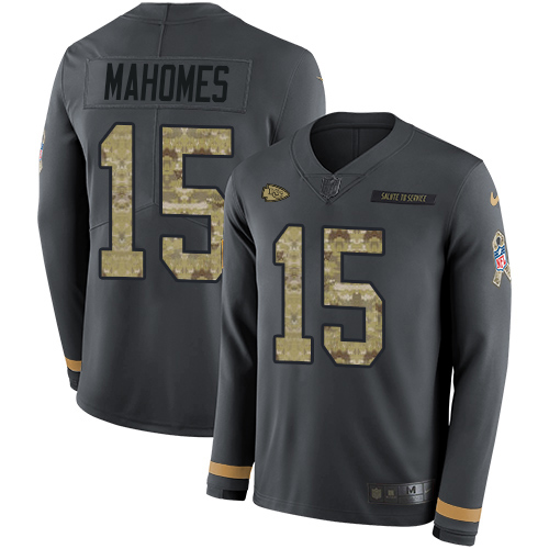 Nike Kansas City Chiefs #15 Patrick Mahomes Anthracite Salute to Service Men’s Stitched NFL Limited Therma Long Sleeve Jersey