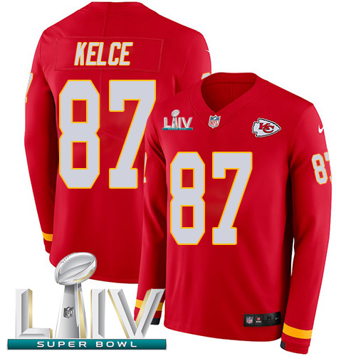 Nike Kansas City Chiefs #87 Travis Kelce Red Super Bowl LIV 2020 Team Color Men’s Stitched NFL Limited Therma Long Sleeve Jersey