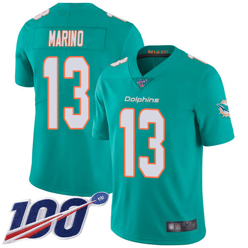 Nike Miami Dolphins #13 Dan Marino Aqua Green Team Color Men’s Stitched NFL 100th Season Vapor Limited Jersey