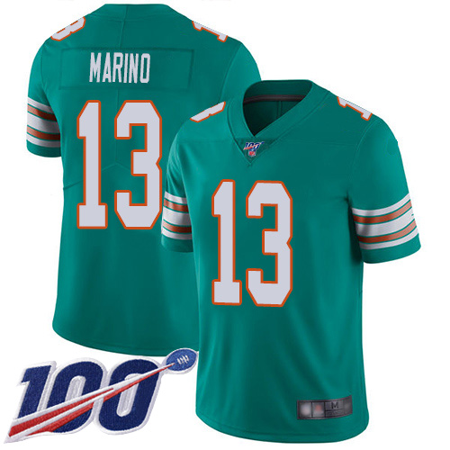 Nike Miami Dolphins #13 Dan Marino Aqua Green Alternate Men’s Stitched NFL 100th Season Vapor Limited Jersey