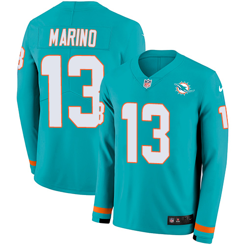 Nike Miami Dolphins #13 Dan Marino Aqua Green Team Color Men’s Stitched NFL Limited Therma Long Sleeve Jersey