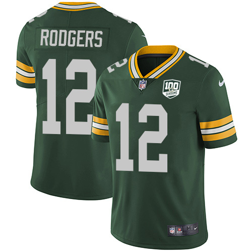 Nike Green Bay Packers #12 Aaron Rodgers Green Team Color Men’s 100th Season Stitched NFL Vapor Untouchable Limited Jersey