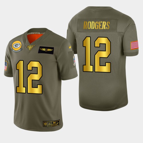 Nike Green Bay Packers #12 Aaron Rodgers Men’s Olive Gold 2019 Salute to Service NFL 100 Limited Jersey