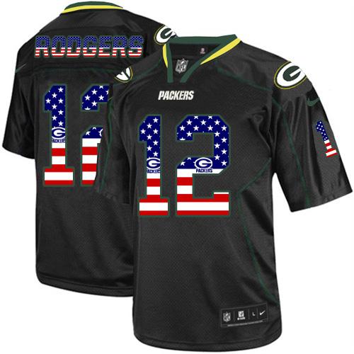 Nike Green Bay Packers #12 Aaron Rodgers Black Men’s Stitched NFL Elite USA Flag Fashion Jersey