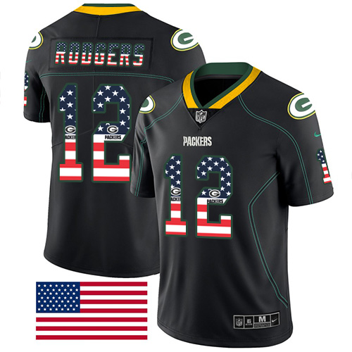 Nike Green Bay Packers #12 Aaron Rodgers Black Men’s Stitched NFL Limited Rush USA Flag Jersey
