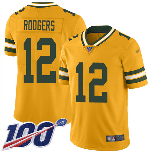 Nike Green Bay Packers #12 Aaron Rodgers Gold Men’s Stitched NFL Limited Inverted Legend 100th Season Jersey