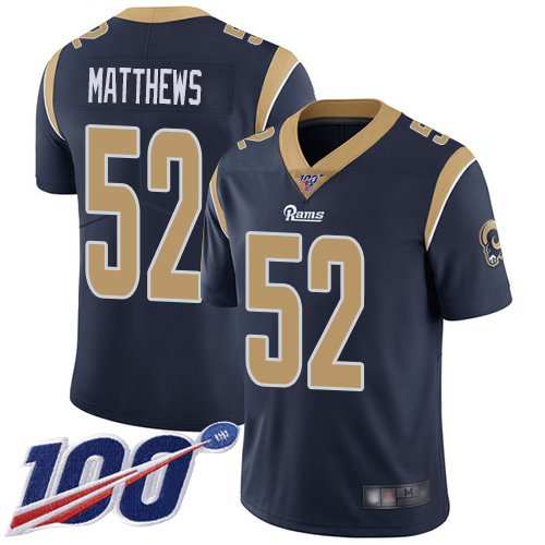 Nike Los Angeles Rams #52 Clay Matthews Navy Blue Team Color Men’s Stitched NFL 100th Season Vapor Limited Jersey